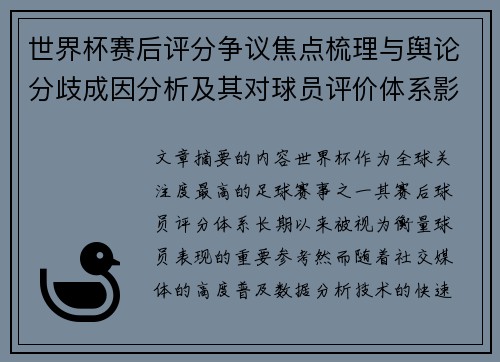 世界杯赛后评分争议焦点梳理与舆论分歧成因分析及其对球员评价体系影响